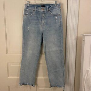 Express Super High Rise Straight Jeans Light Wash Distressed Raw Hem Size 10